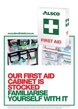 First aid poster cabinet stocked